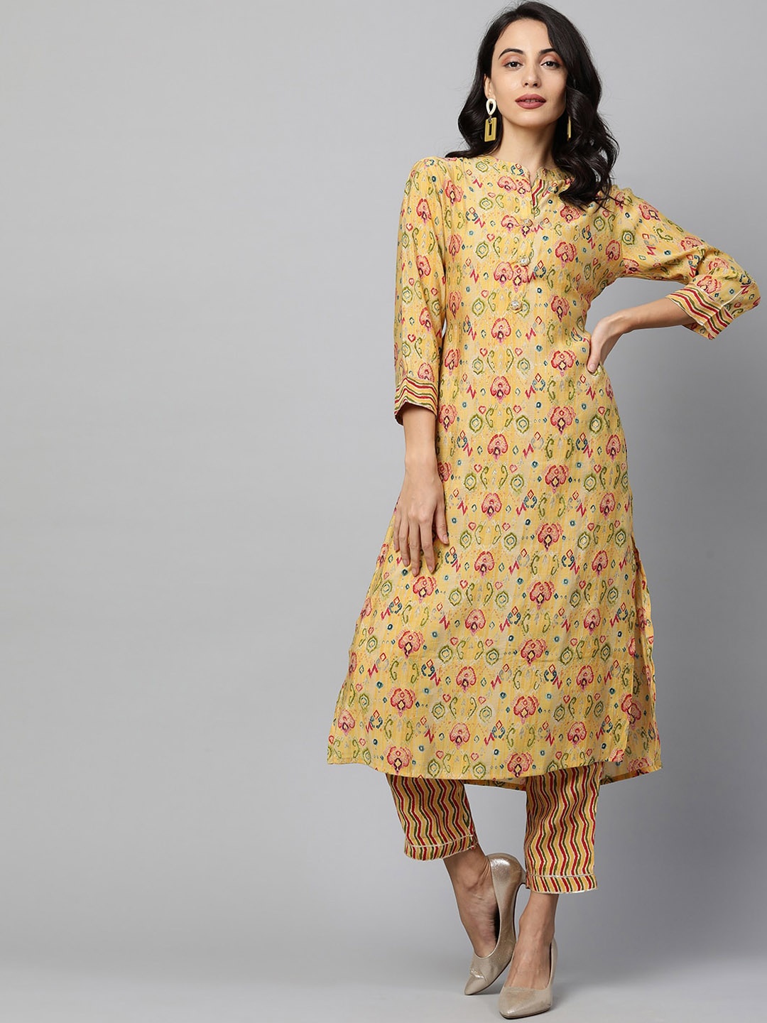 

FASHOR Women Yellow & Pink Ethnic Motifs Screen Printed Kurta with Trousers