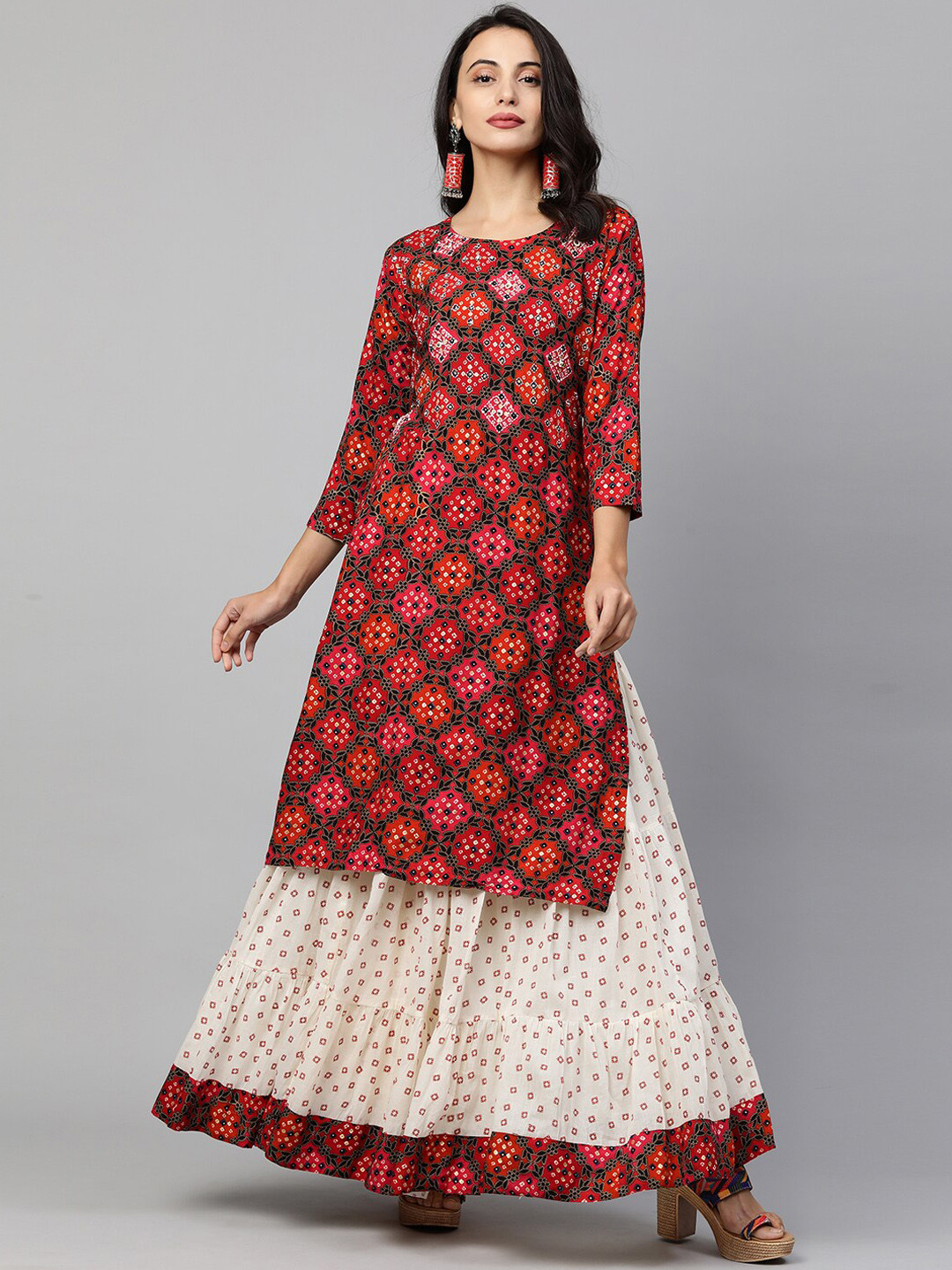 

FASHOR Women Red Ethnic Motifs Printed Empire Kurta with Salwar
