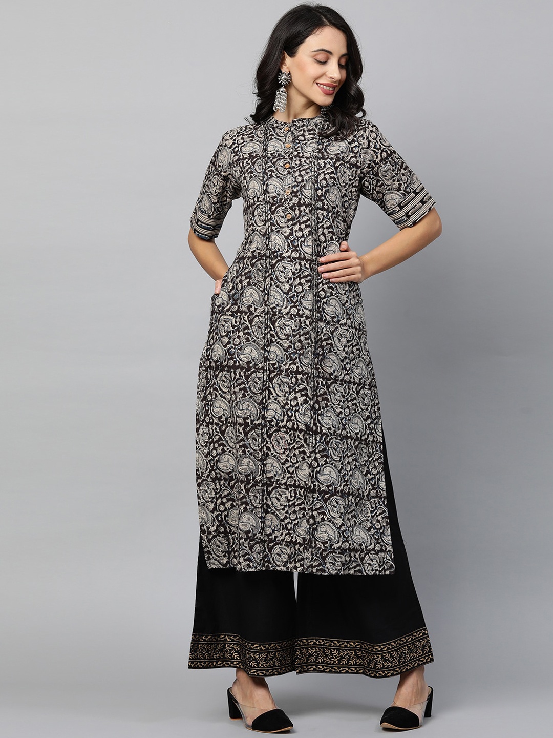 

FASHOR Women Brown Ethnic Motifs Printed Thread Work Kurta