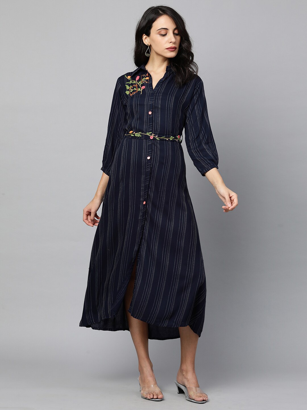 

FASHOR Navy Blue Striped Shirt Midi Dress