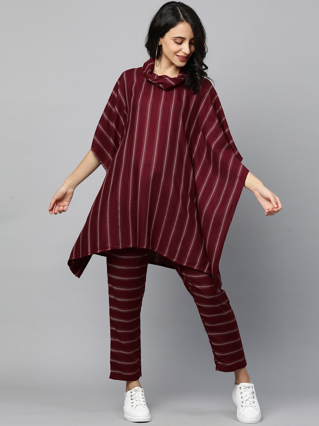 

FASHOR Women Purple Striped Kurti with Trousers