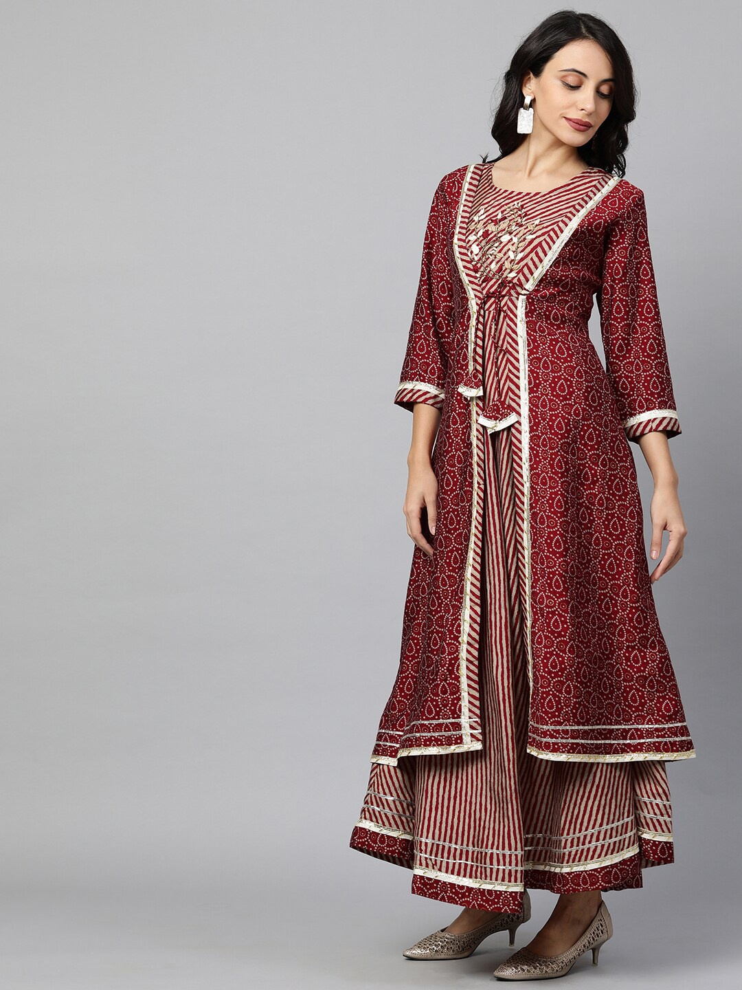 

FASHOR Maroon Ethnic Motifs Layered Ethnic Maxi Dress