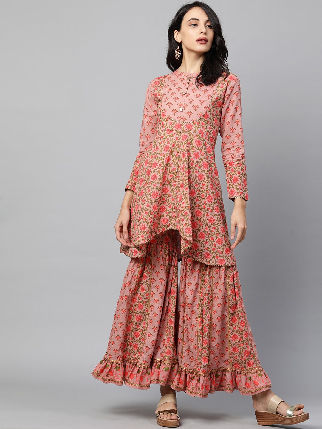 

FASHOR Women Pink Floral Printed Empire Pure Cotton Kurti with Sharara