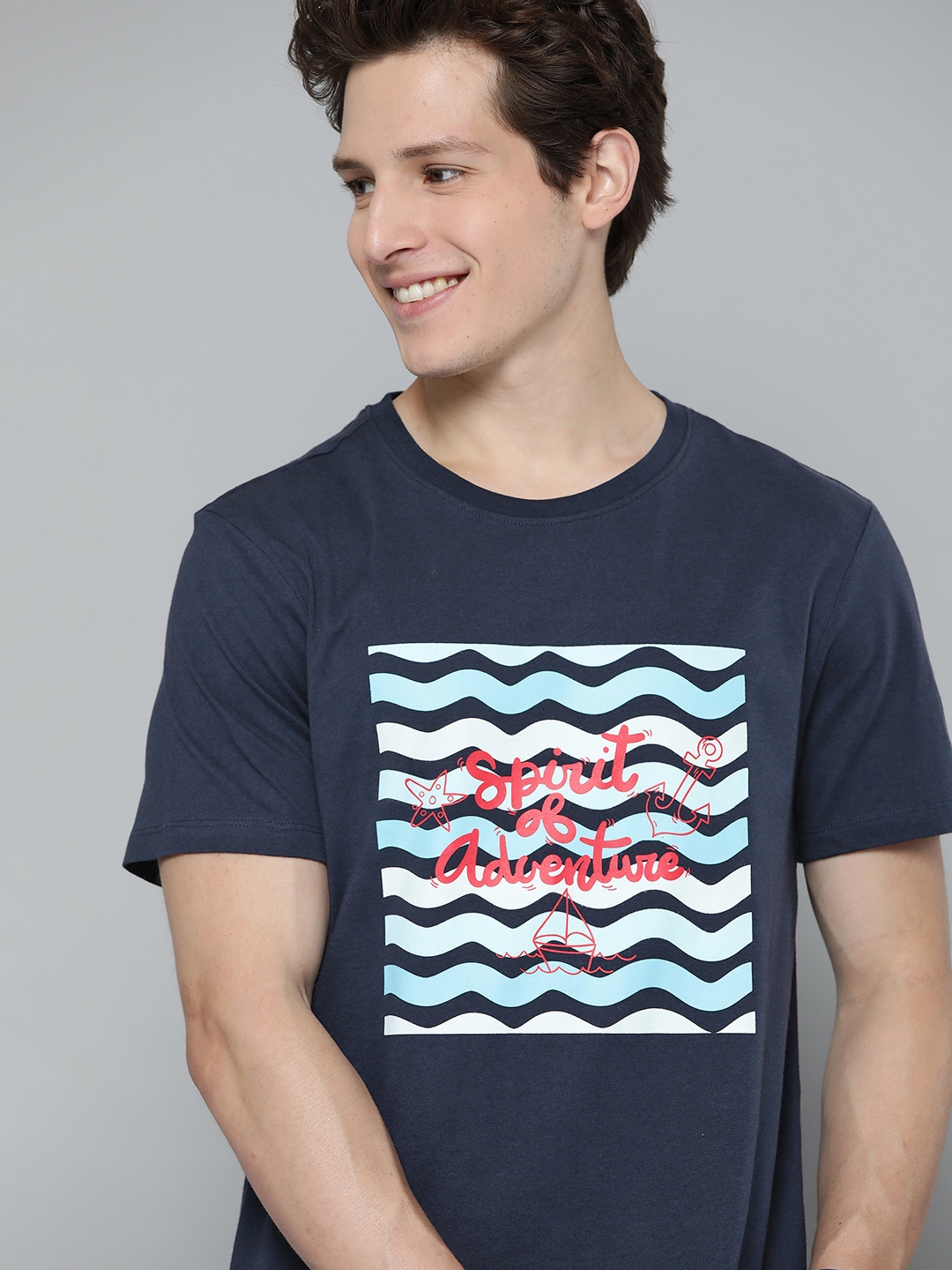 

Mast & Harbour Men Navy Blue Pure Cotton Typography Printed T-shirt