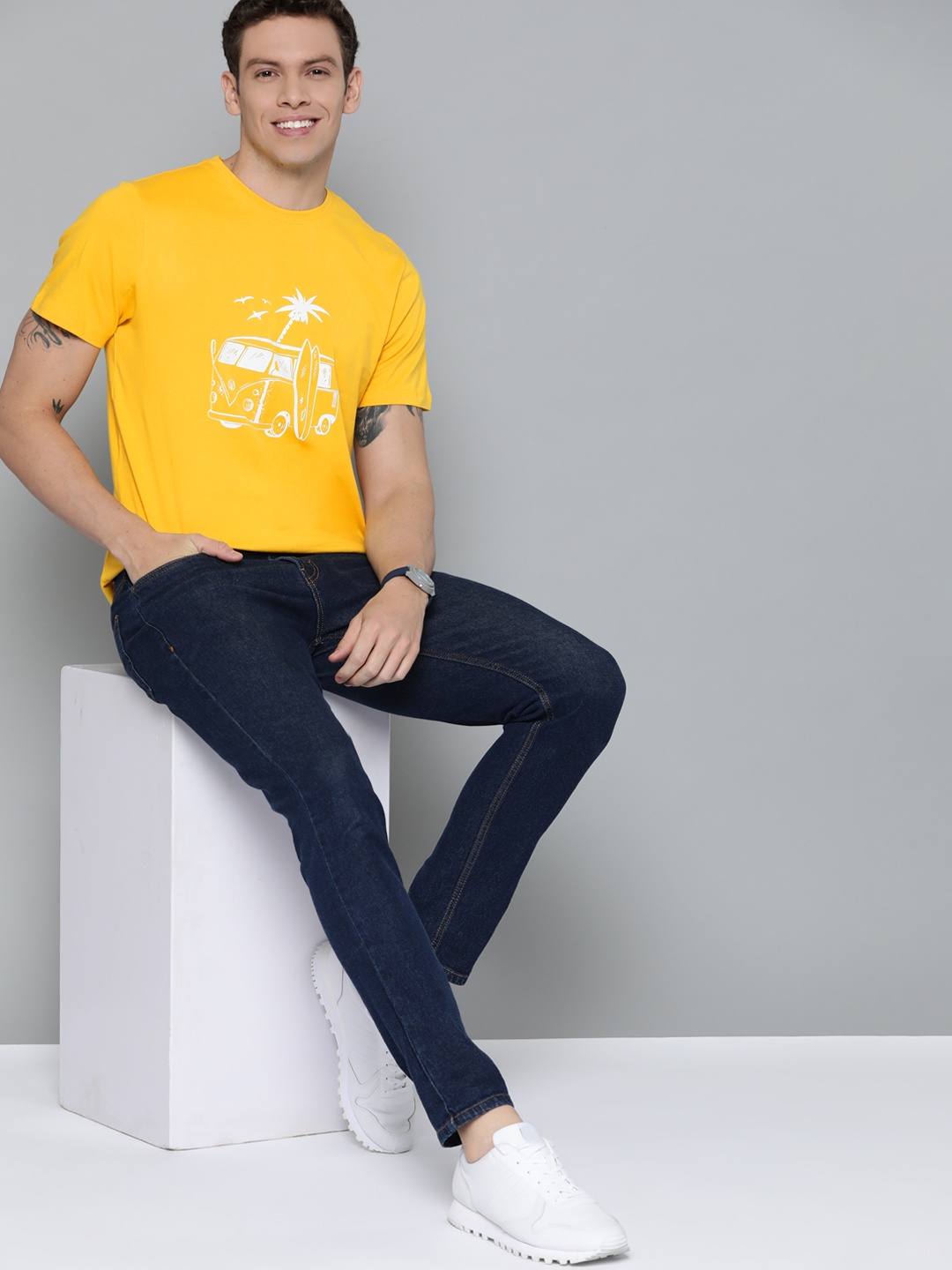 

Mast & Harbour Men Mustard Yellow Pure Cotton Printed T-shirt