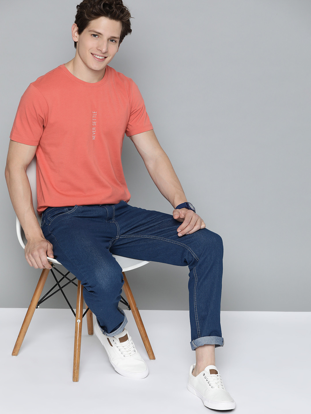 

Mast & Harbour Men Coral Red Typography Printed Pure Cotton T-shirt