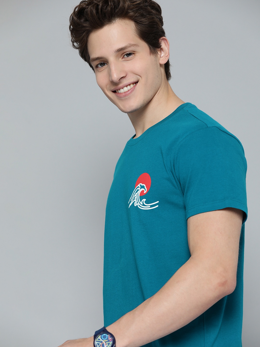 

Mast & Harbour Men Teal Blue Conversational Printed Pure Cotton T-shirt