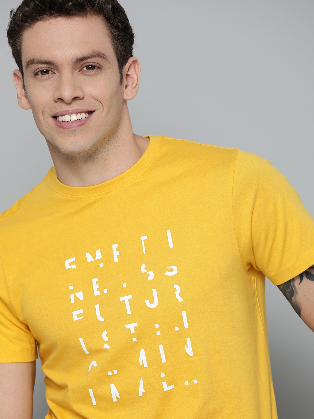 

Mast & Harbour Men Mustard Yellow Pure Cotton Printed T-shirt