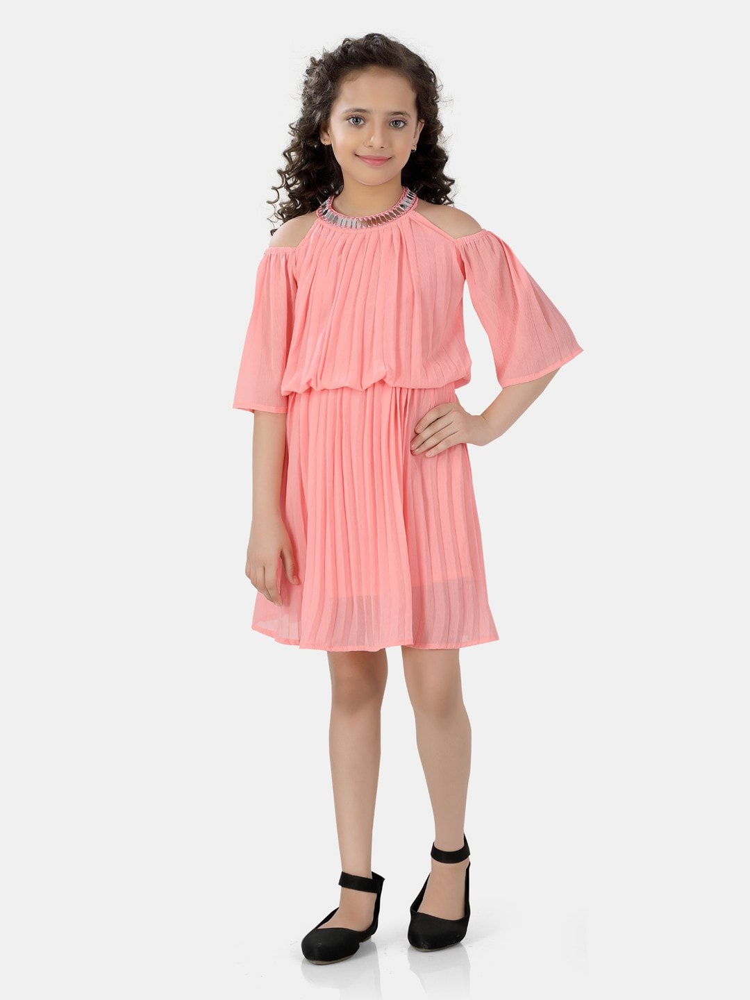 

POPLINS Girls Pink Cold-Shoulder Pleated A-Line Dress