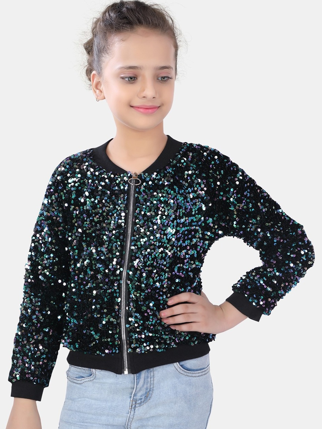 

POPLINS Girls Green Sequined Cotton Bomber Jacket