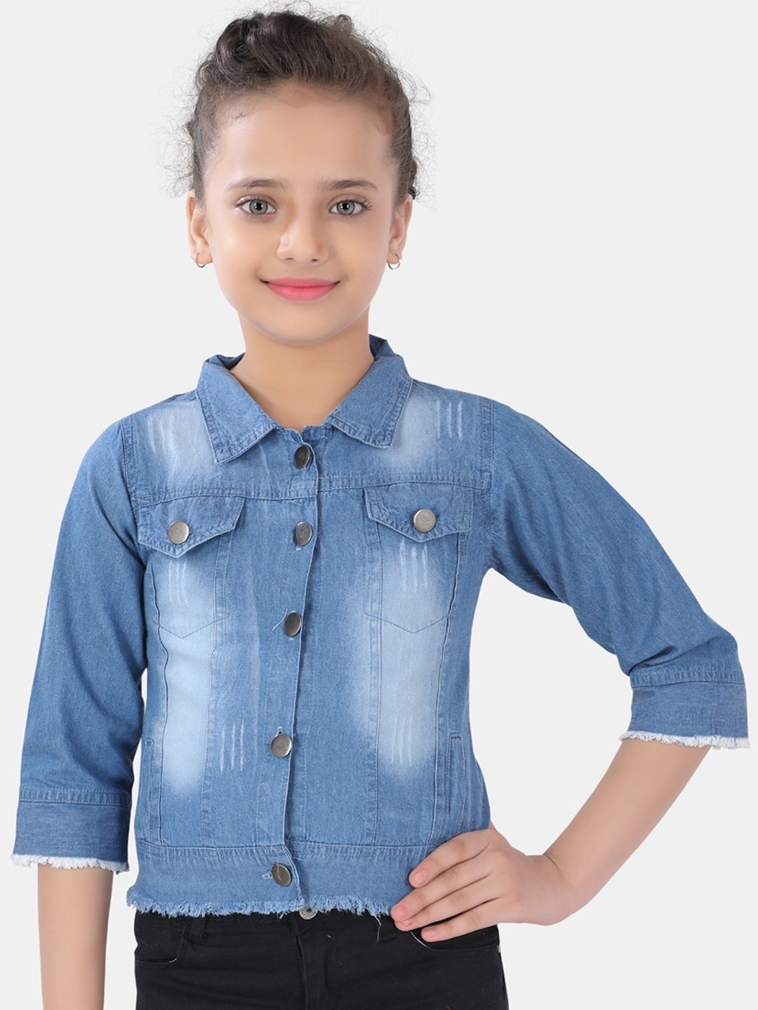 

POPLINS Girls Blue Washed Lightweight Crop Denim Jacket with Embroidered