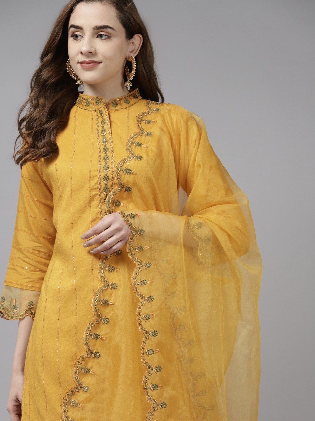 

Indo Era Women Yellow Embroidered Kurta with Trousers & With Dupatta