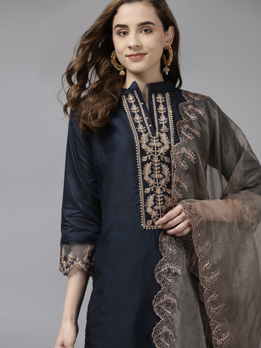

Indo Era Women Navy Blue Floral Yoke Design Kurta with Trousers & Dupatta