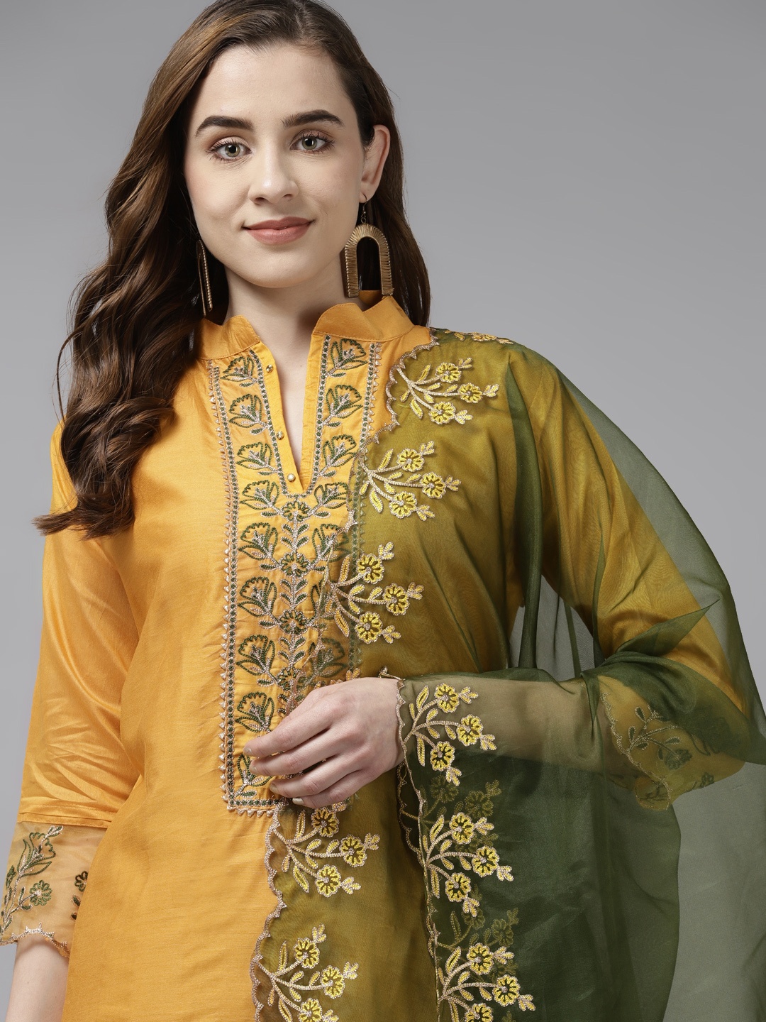 

Indo Era Mustard Yellow & Gold Ethnic Yoke Design Straight Kurta Trousers & Dupatta
