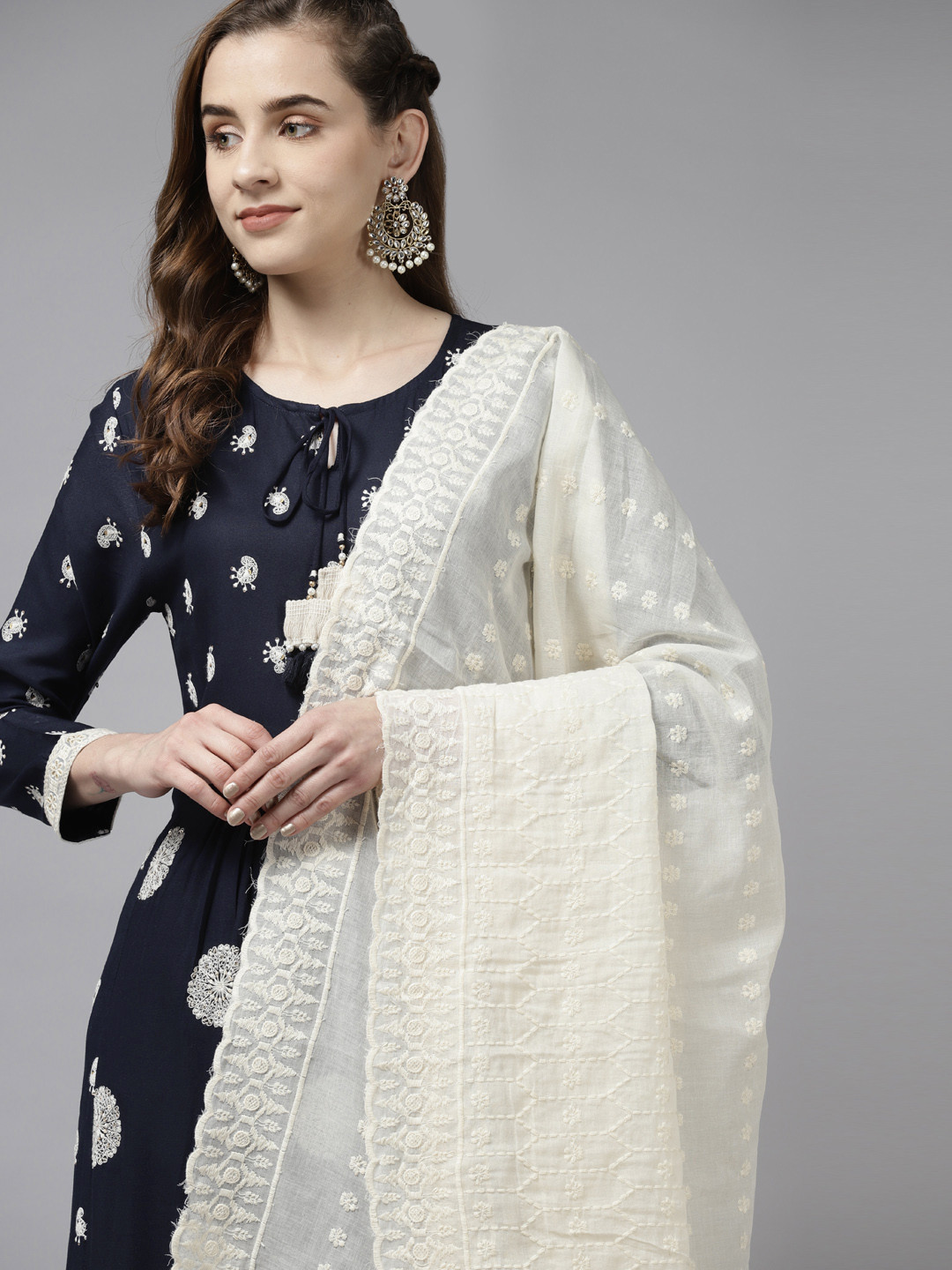 

Indo Era Women Navy Blue Paisley Embroidered Kurta with Trousers & Dupatta