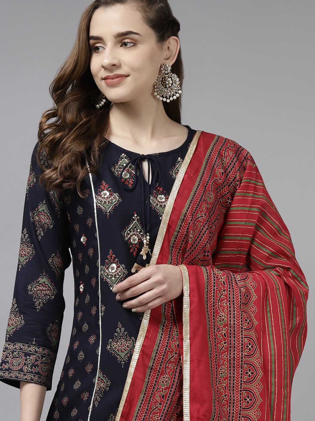 

Indo Era Women Navy Blue Ethnic Motifs Printed Kurta Set With Dupatta