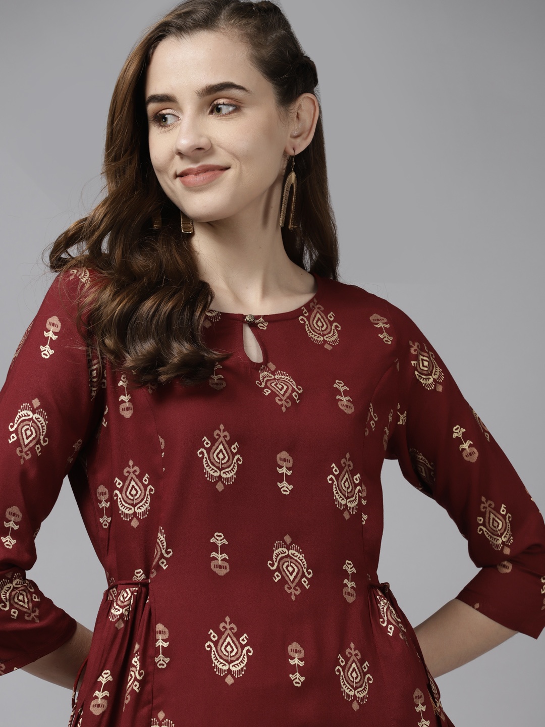 Indo Era Women Maroon & Beige Foil Print Keyhole Neck A-Line Kurta