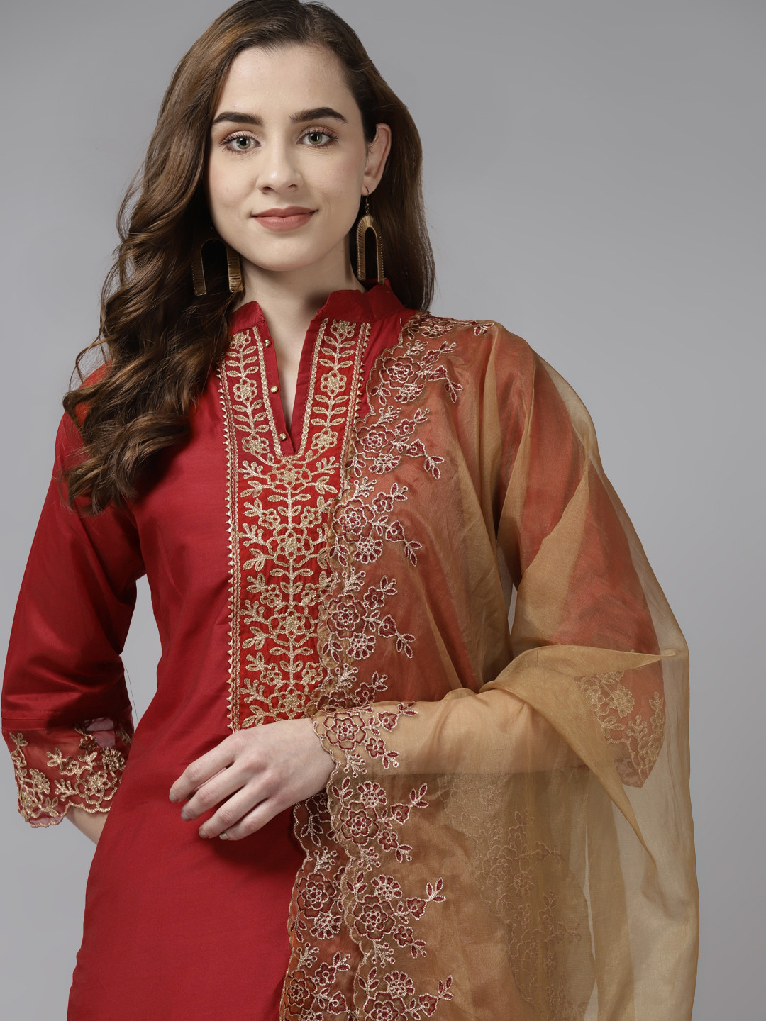 

Indo Era Red & Beige Ethnic Yoke Design Straight Kurta with Trousers & With Dupatta