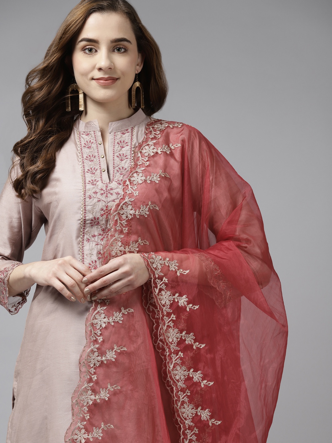 

Indo Era Women Beige Embroidered Kurta with Trousers & With Dupatta