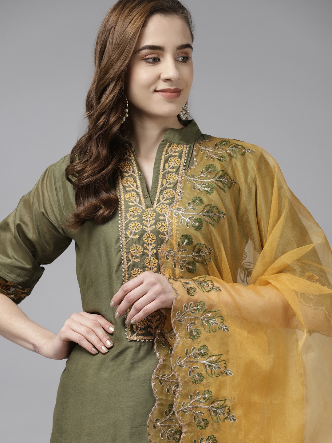 

Indo Era Women Olive Green Ethnic Motifs Embroidered Kurta Set With Dupatta