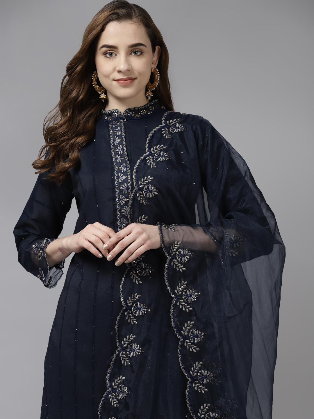 

Indo Era Women Navy Blue & Grey Ethnic Motifs Embroidered Kurta with Trousers & Dupatta