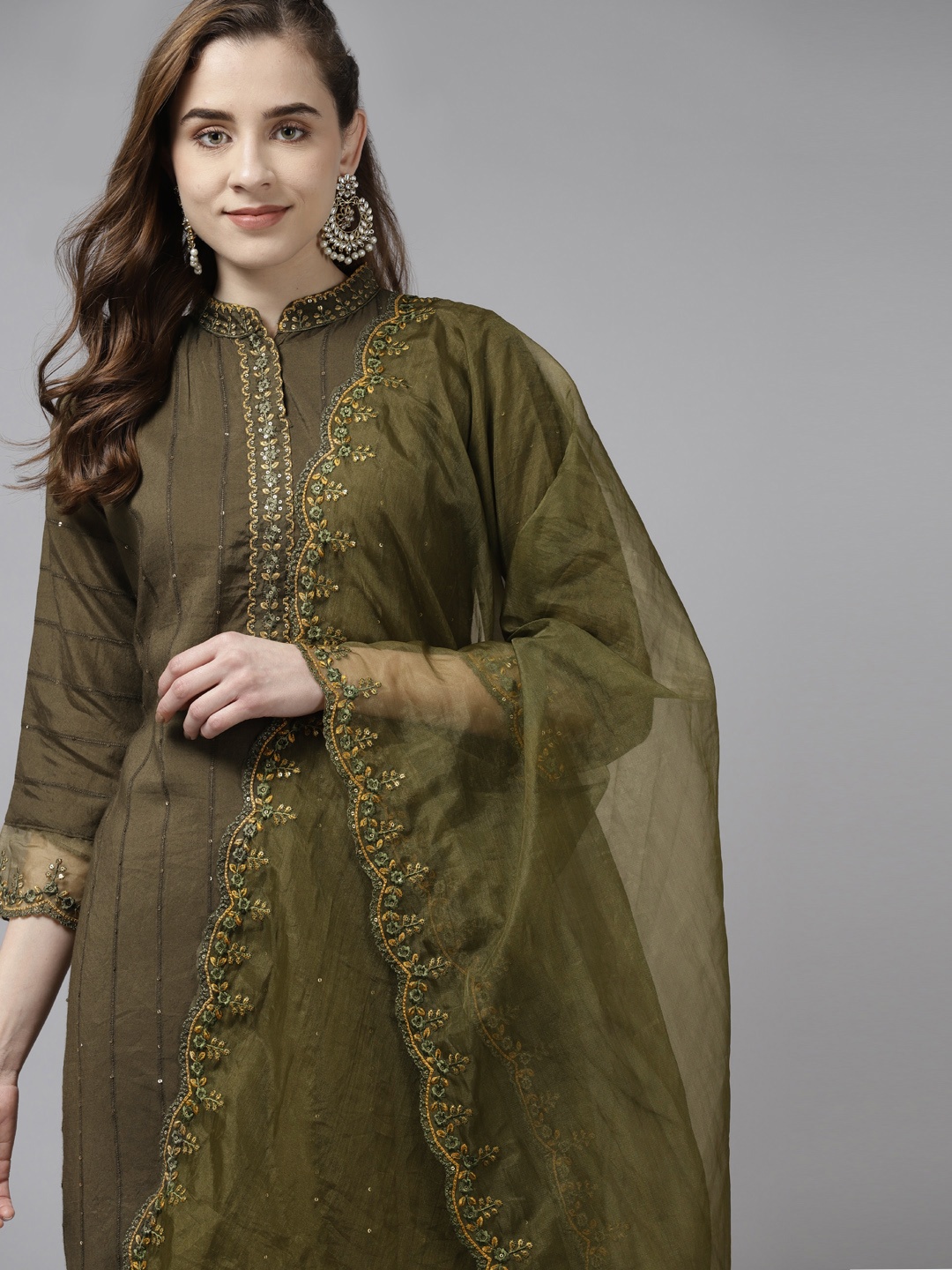 

Indo Era Olive Green & Mustard Yellow Embroidered Sequin Straight Kurta Trousers & Dupatta