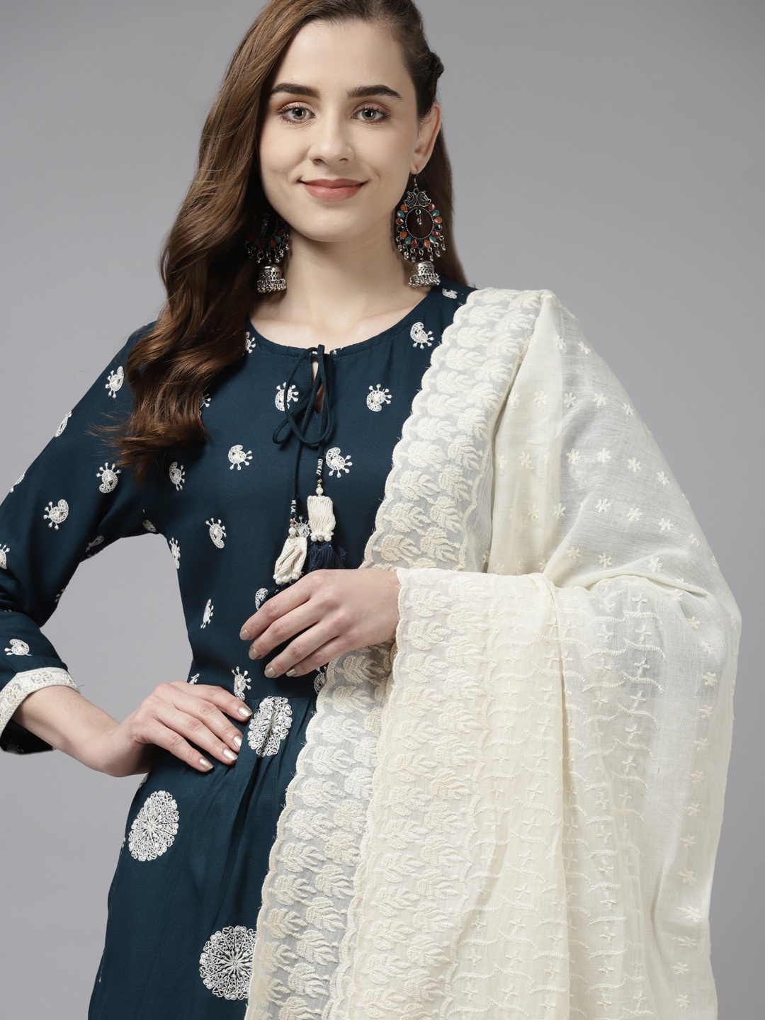 

Indo Era Women Teal Ethnic Motifs Embroidered Pleated Kurta Set With Dupatta