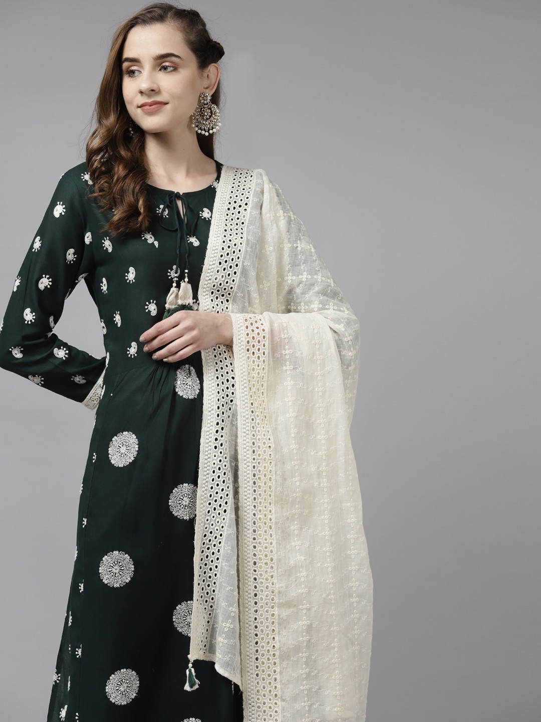 

Indo Era Women Green Paisley Embroidered Kurta with Trousers & Dupatta