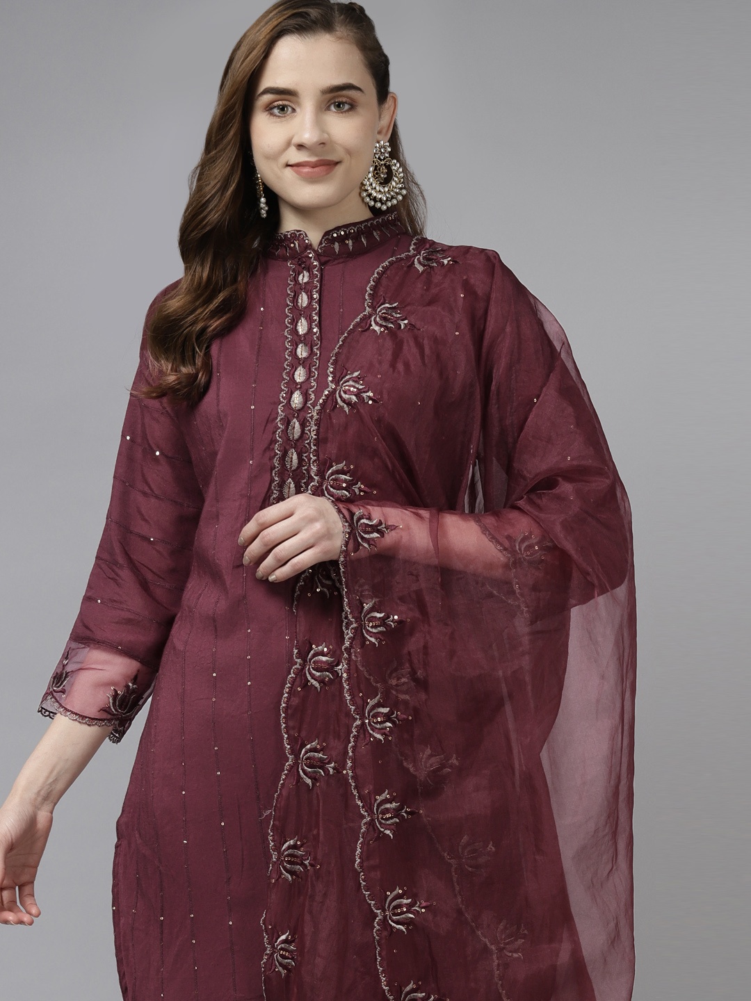 

Indo Era Women Maroon Tussar Silk Ethnic Motifs Embroidered Festive Kurta Set