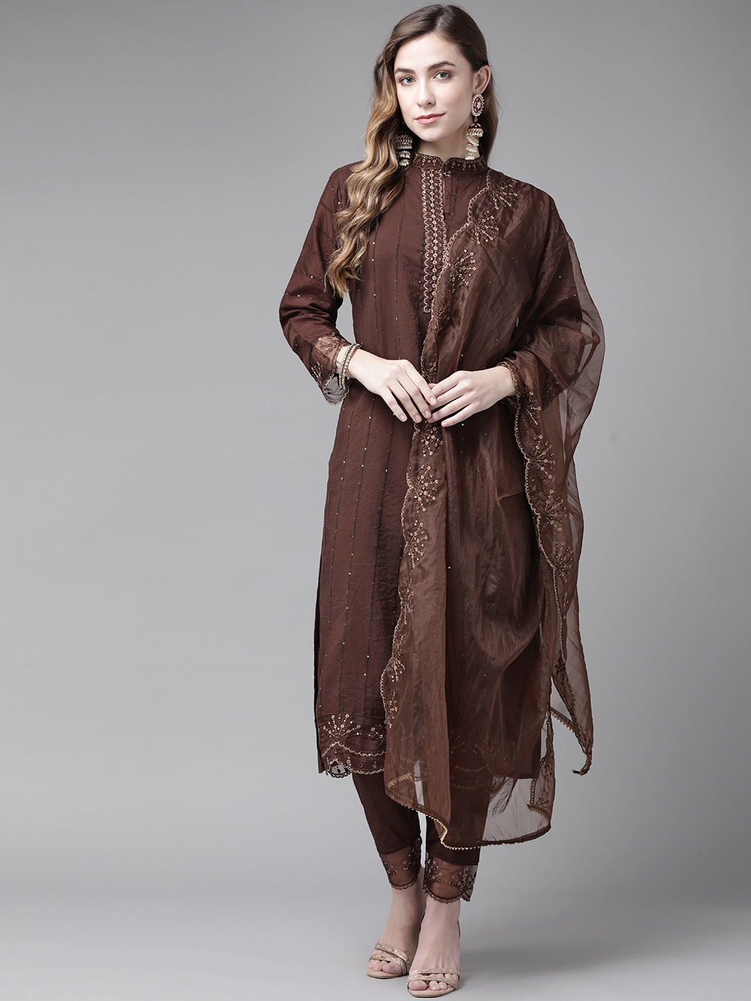 

Indo Era Coffee Brown & Gold Embroidered Sequinned Straight Kurta Trousers & Dupatta