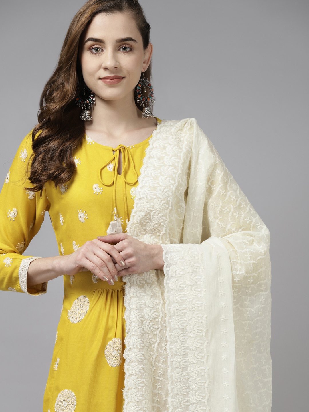 

Indo Era Women Yellow & White Ethnic Motifs Embroidered Kurta with Trousers & Dupatta
