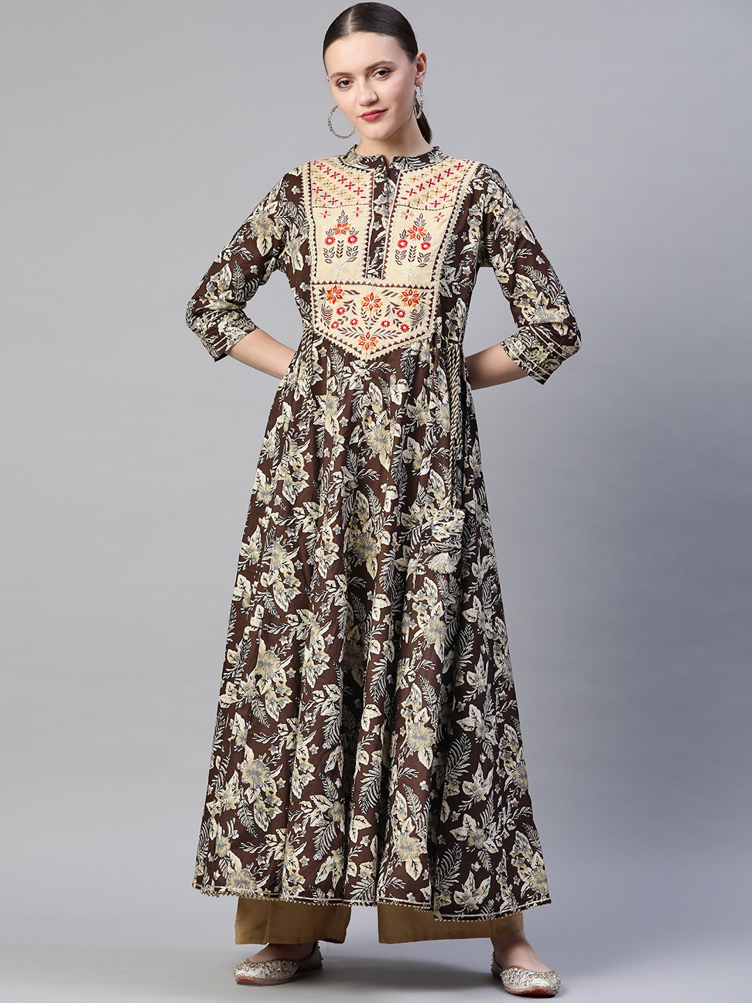 

Readiprint Fashions Coffee Brown & Beige Batik Floral Print Zari Cotton Anarkali Kurta