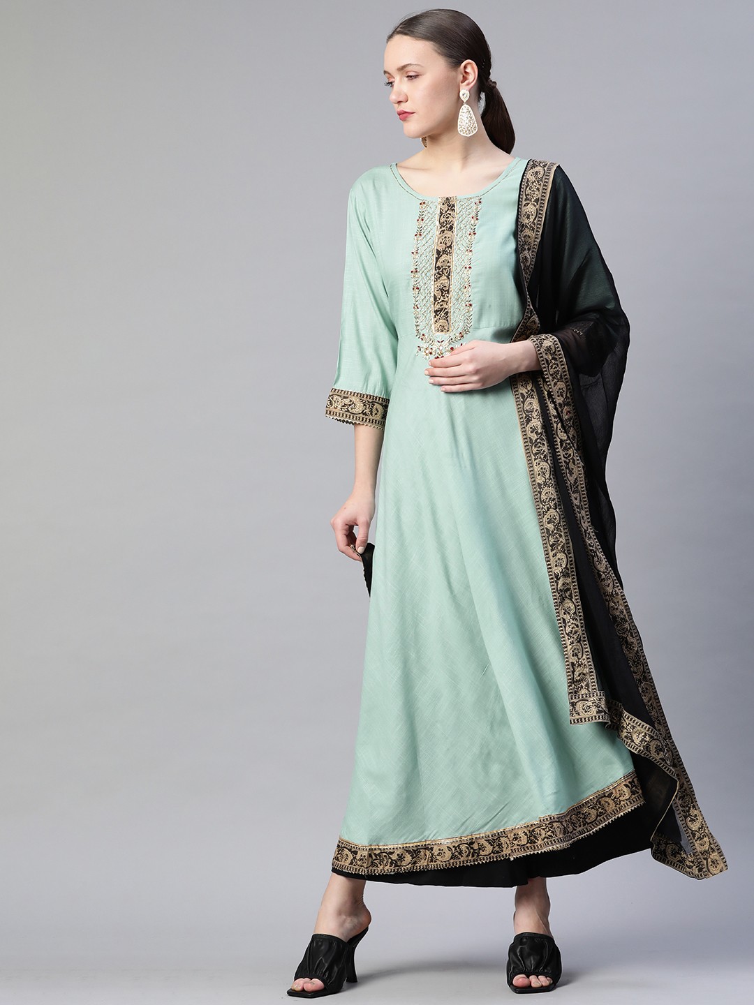 

Readiprint Fashions Blue & Gold Ethnic Yoke Design Asymmetric Anarkali Kurta & Dupatta