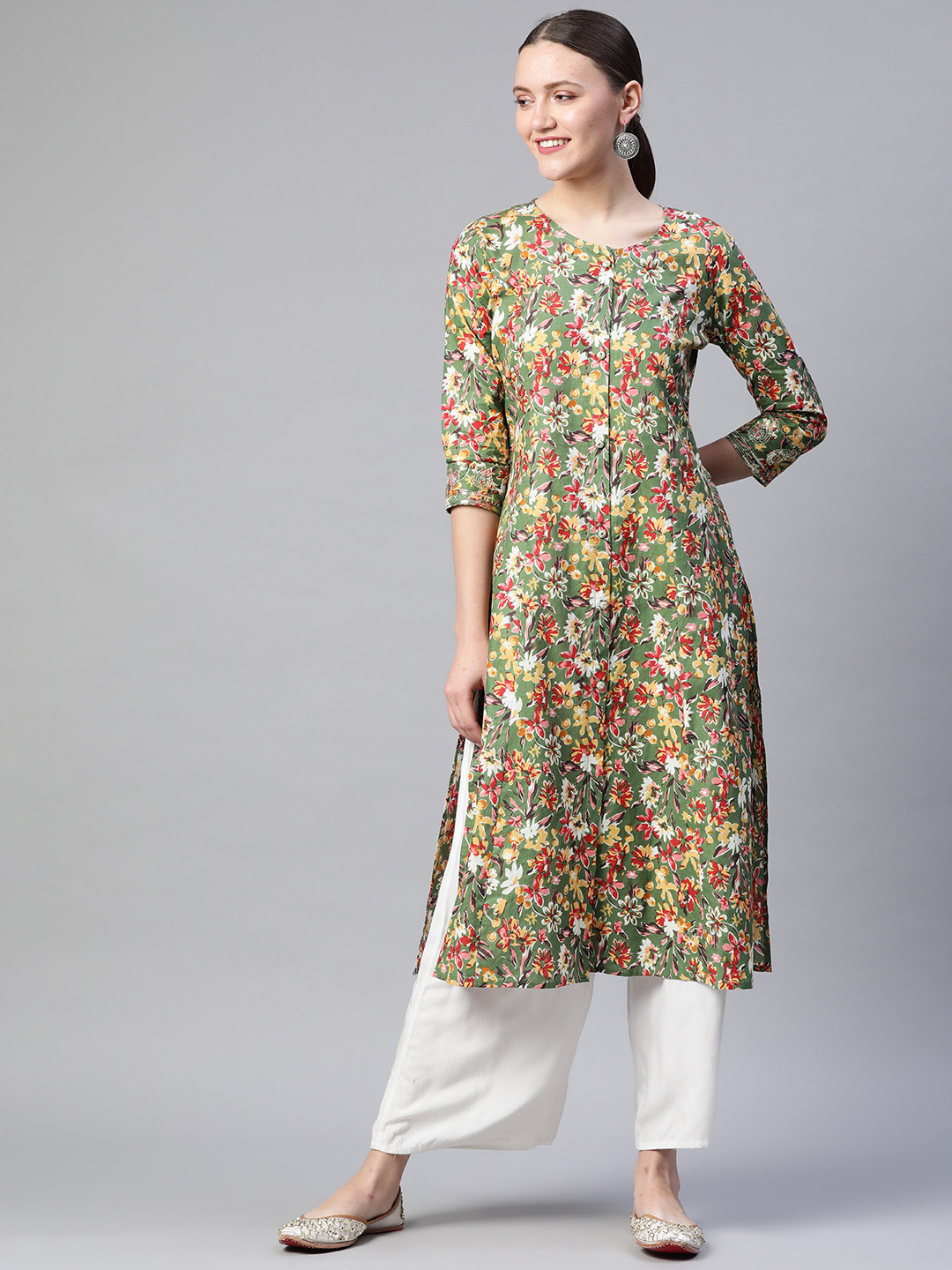

Readiprint Fashions Women Green & Mustard Yellow Floral Cotton Floral Kurta