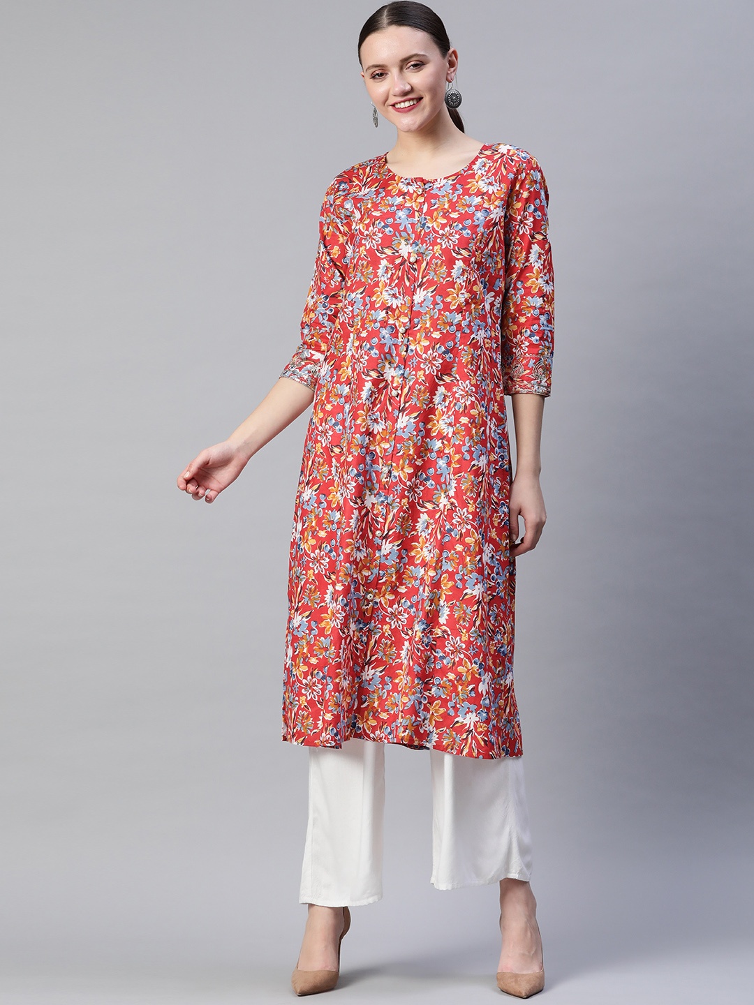 

Readiprint Fashions Red & Blue Batik Floral Print Cotton Panelled Straight Kurta