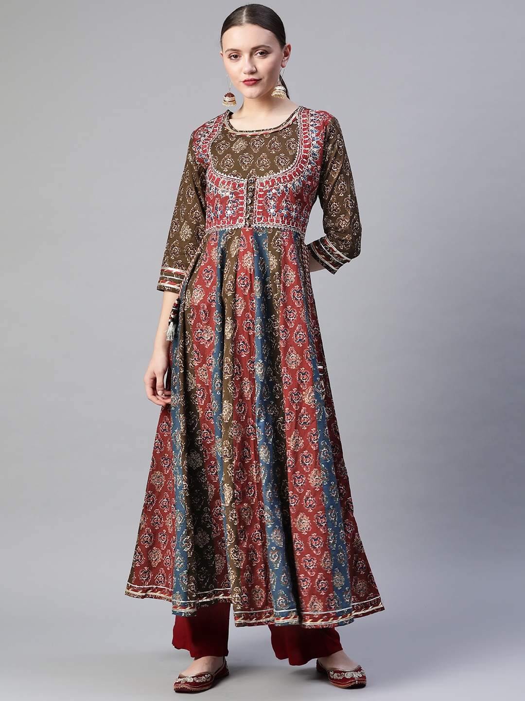 

Readiprint Fashions Women Brown & Olive Green Cotton Ethnic Print Zari Anarkali Kurta