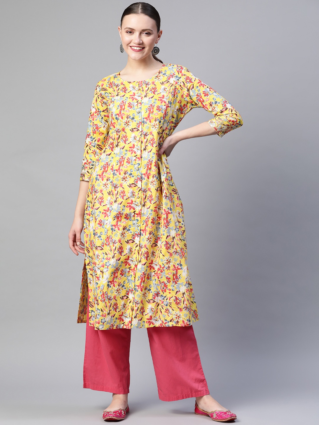 

Readiprint Fashions Yellow & Red Batik Floral Printed Panelled Cotton Straight Kurta