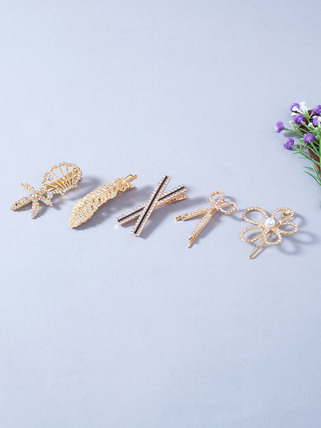 

Golden Peacock Women Set Of 5 Gold-Toned & Black Embellished Bobby Pins