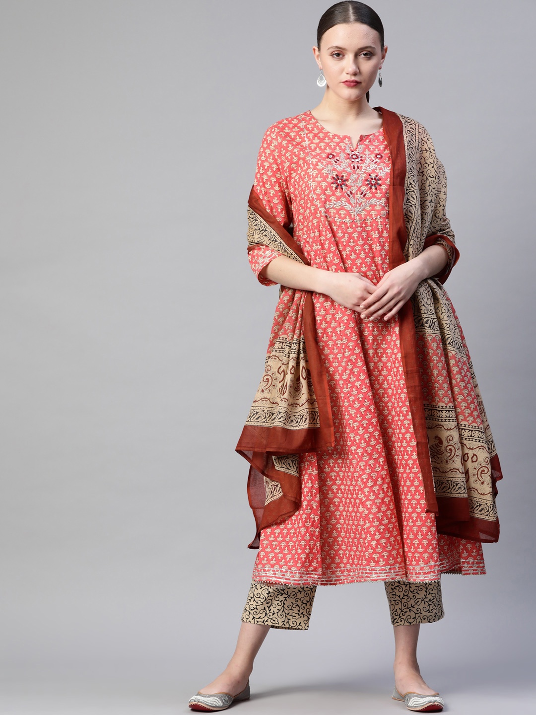 

Readiprint Fashions Peach-Coloured Beige Batik Print Cotton Anarkali Kurta Trouser Dupatta