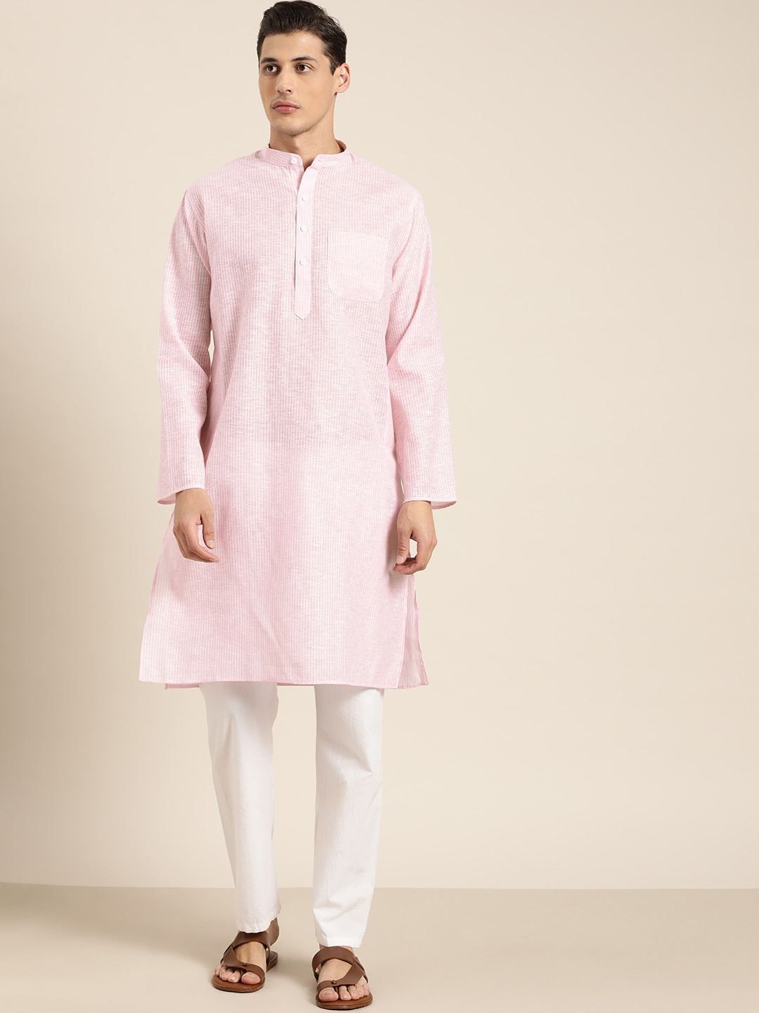 

SOJANYA Men Pink & White Striped Kurta