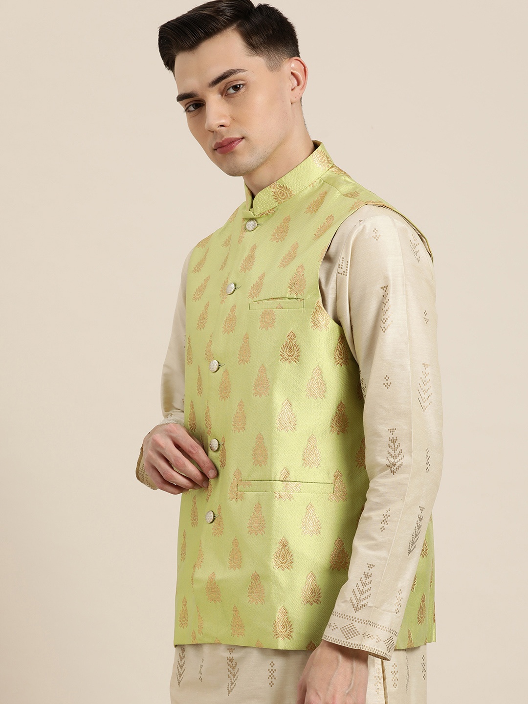 

SOJANYA Men Green & Golden Self-Design Nehru Jacket