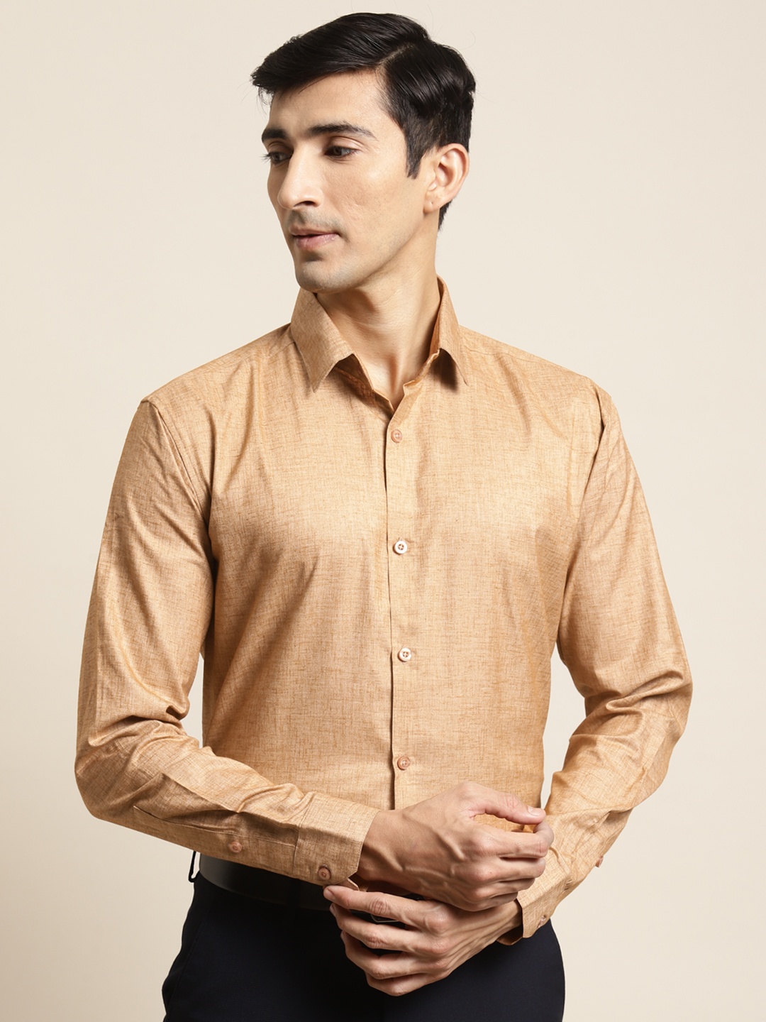 

SOJANYA Men Beige Cotton Linen Classic Fit Solid Formal Shirt