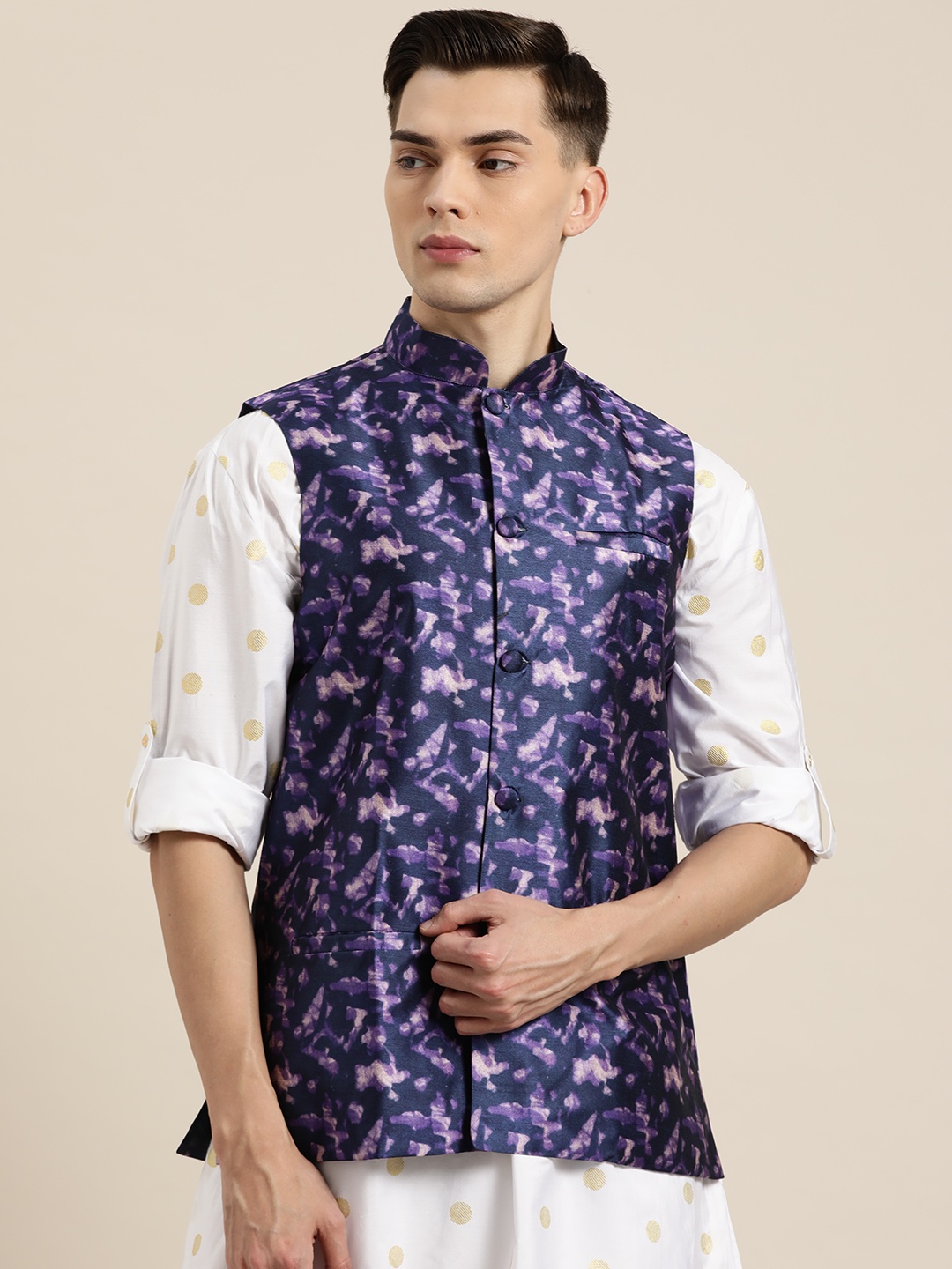 

SOJANYA Men Navy & Purple Printed Nehru Jacket, Navy blue