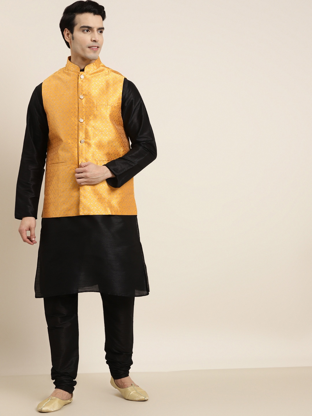 

SOJANYA Men Black & Mustard Yellow Kurta with Churidar & Woven Design Nehru Jacket