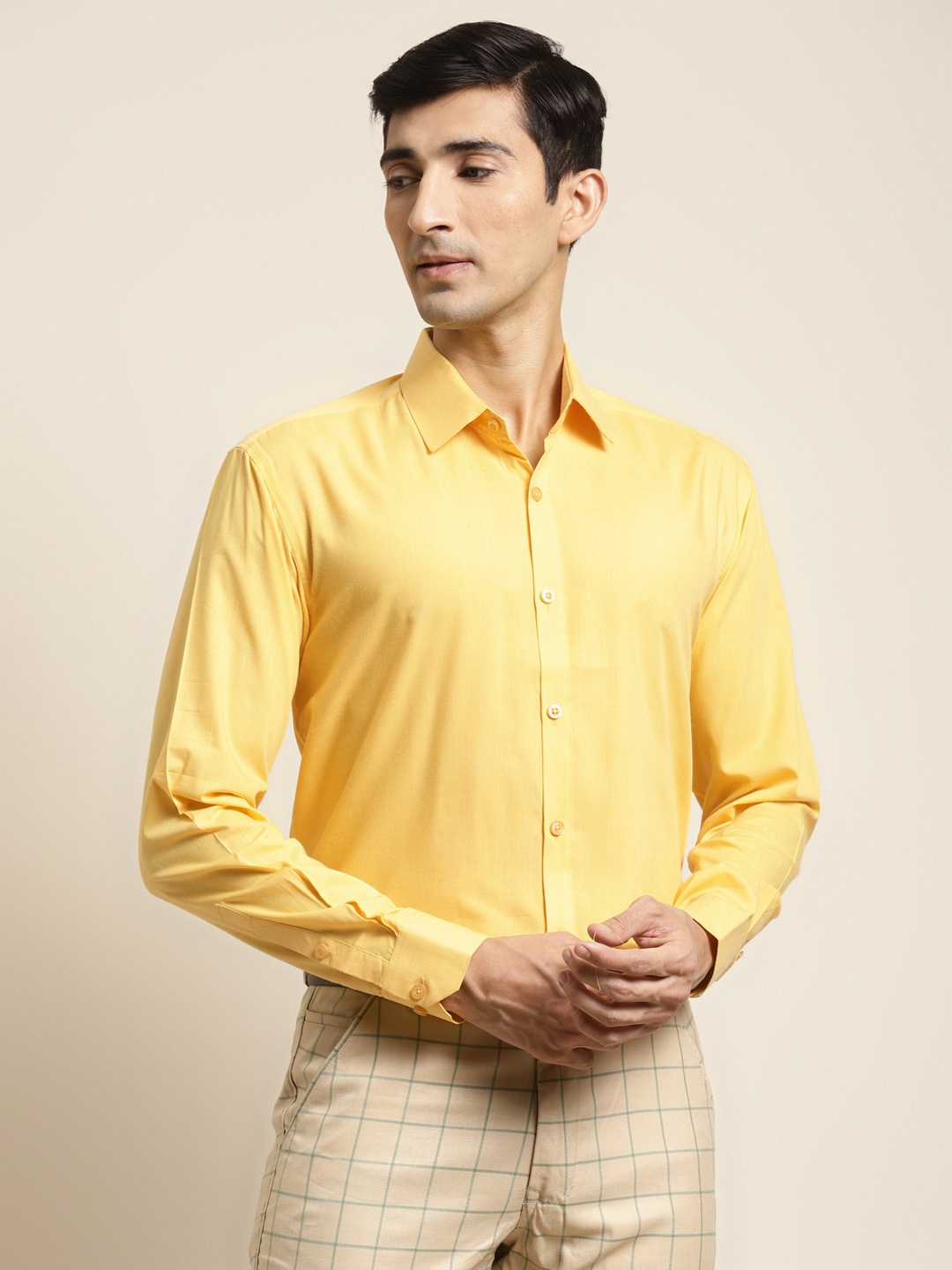 

SOJANYA Men Yellow Cotton Classic Fit Solid Formal Shirt