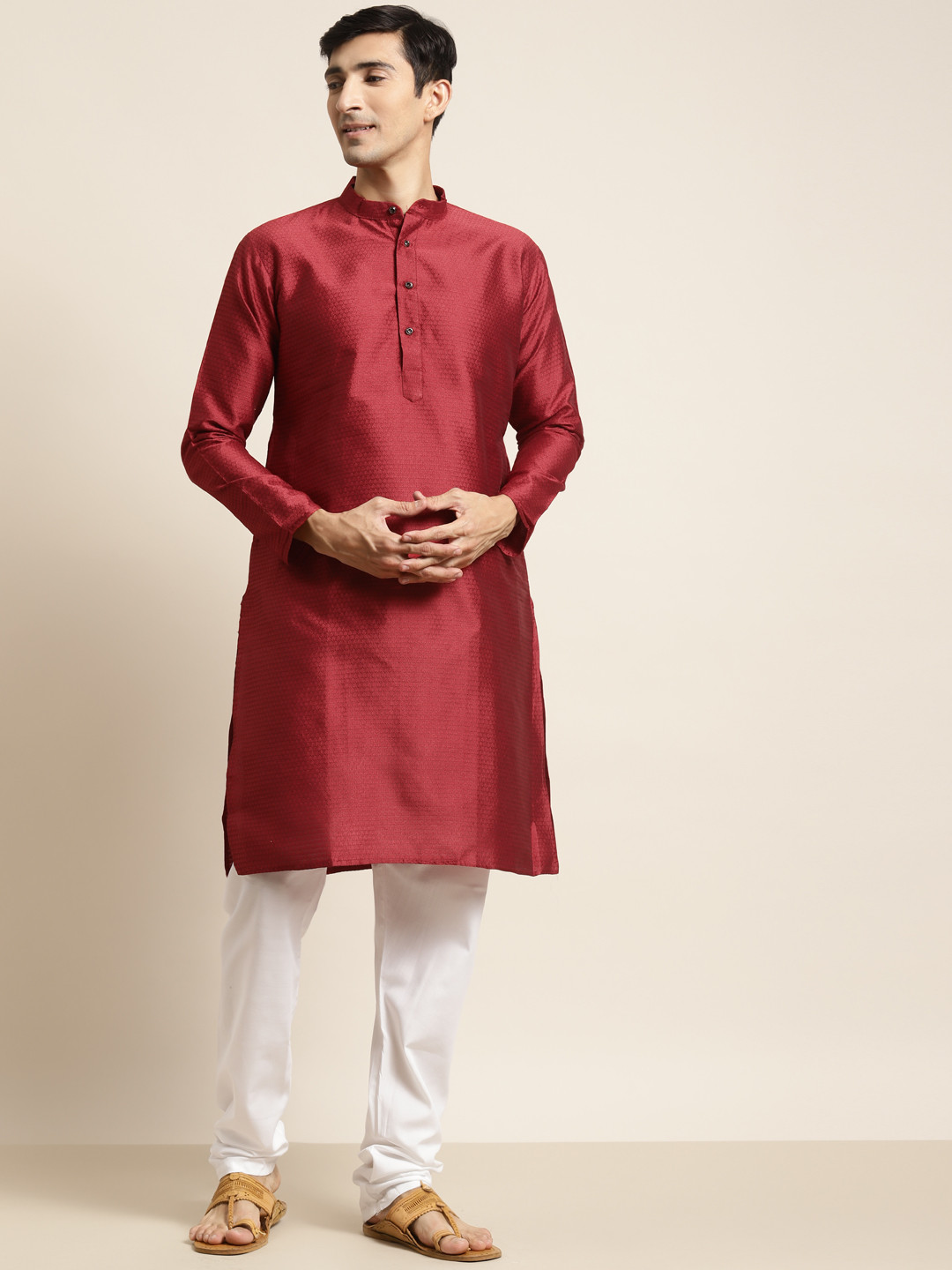 

SOJANYA Men Red & White Self-Design Kurta with Churidar