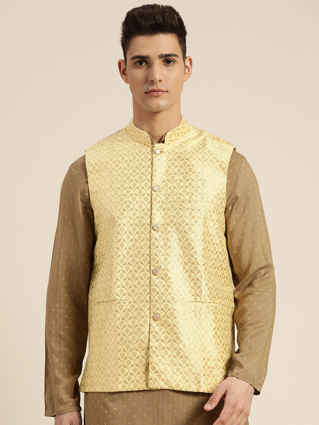 

SOJANYA Men Lime Green & Gold Ethnic Motifs Woven Design Nehru Jacket