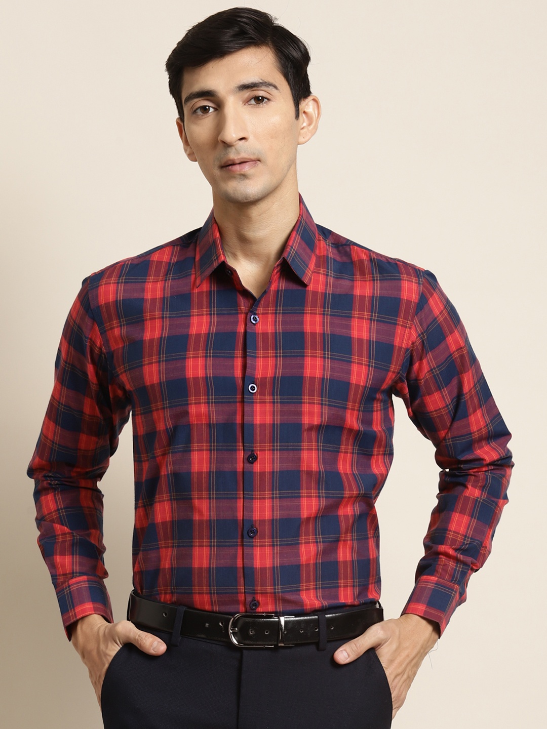 SOJANYA Men Coral Red & Navy Cotton Classic Fit Checked Formal Shirt