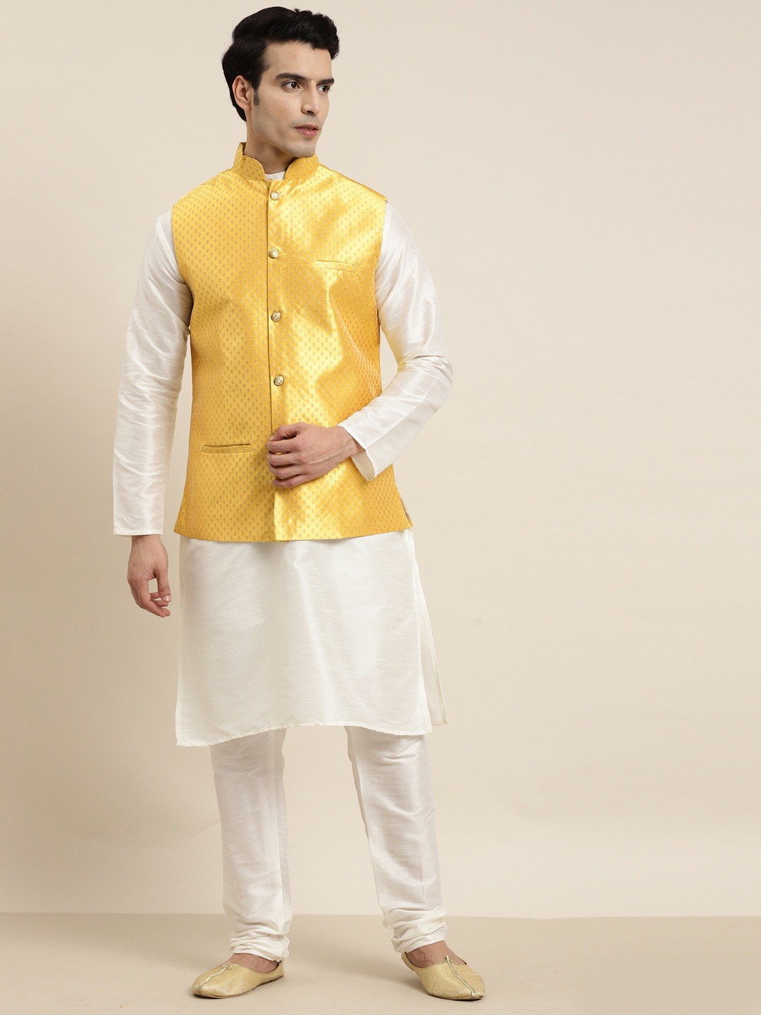 

SOJANYA Men Off-White & Yellow Kurta with Churidar & Woven Design Nehru Jacket