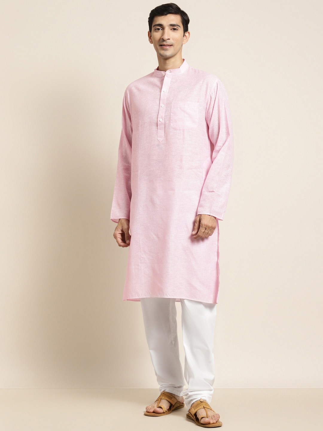 

SOJANYA Men Pink Striped Pure Cotton Kurta with Churidar
